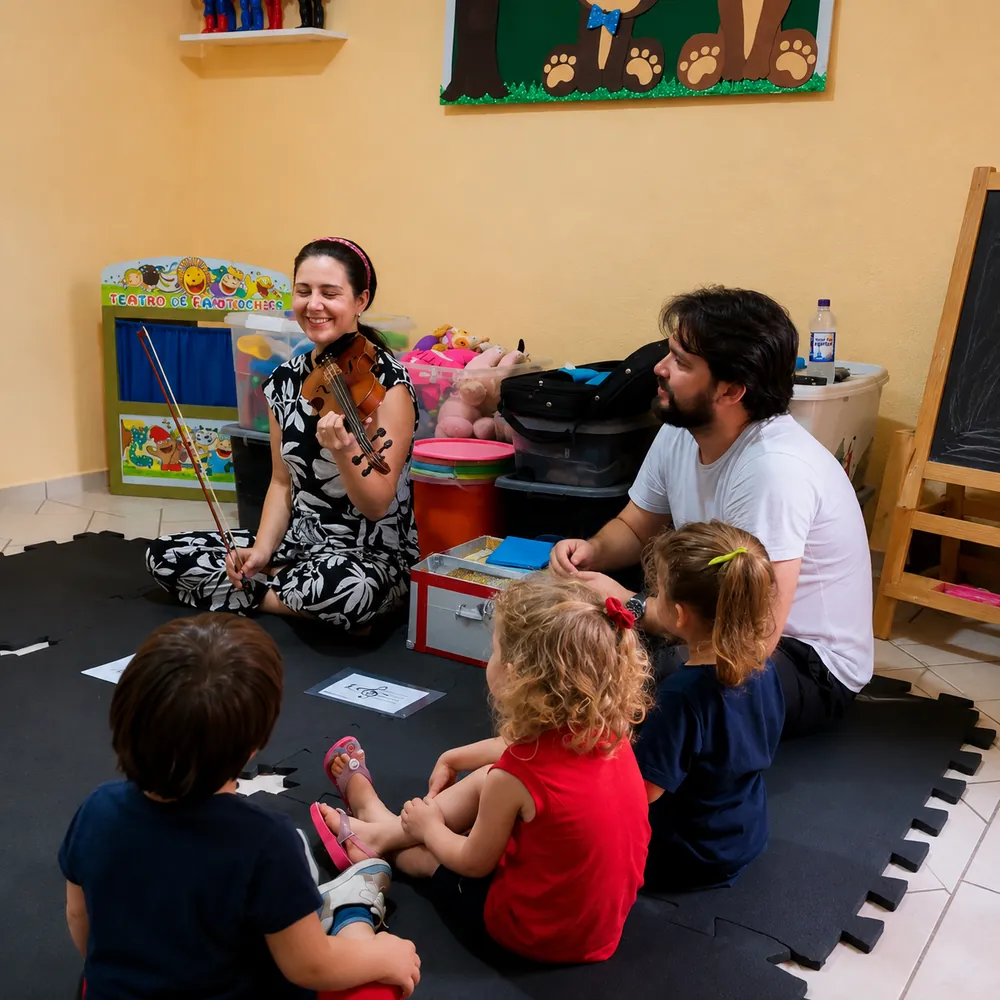 Aula de musicalização infantil com professor e crianças